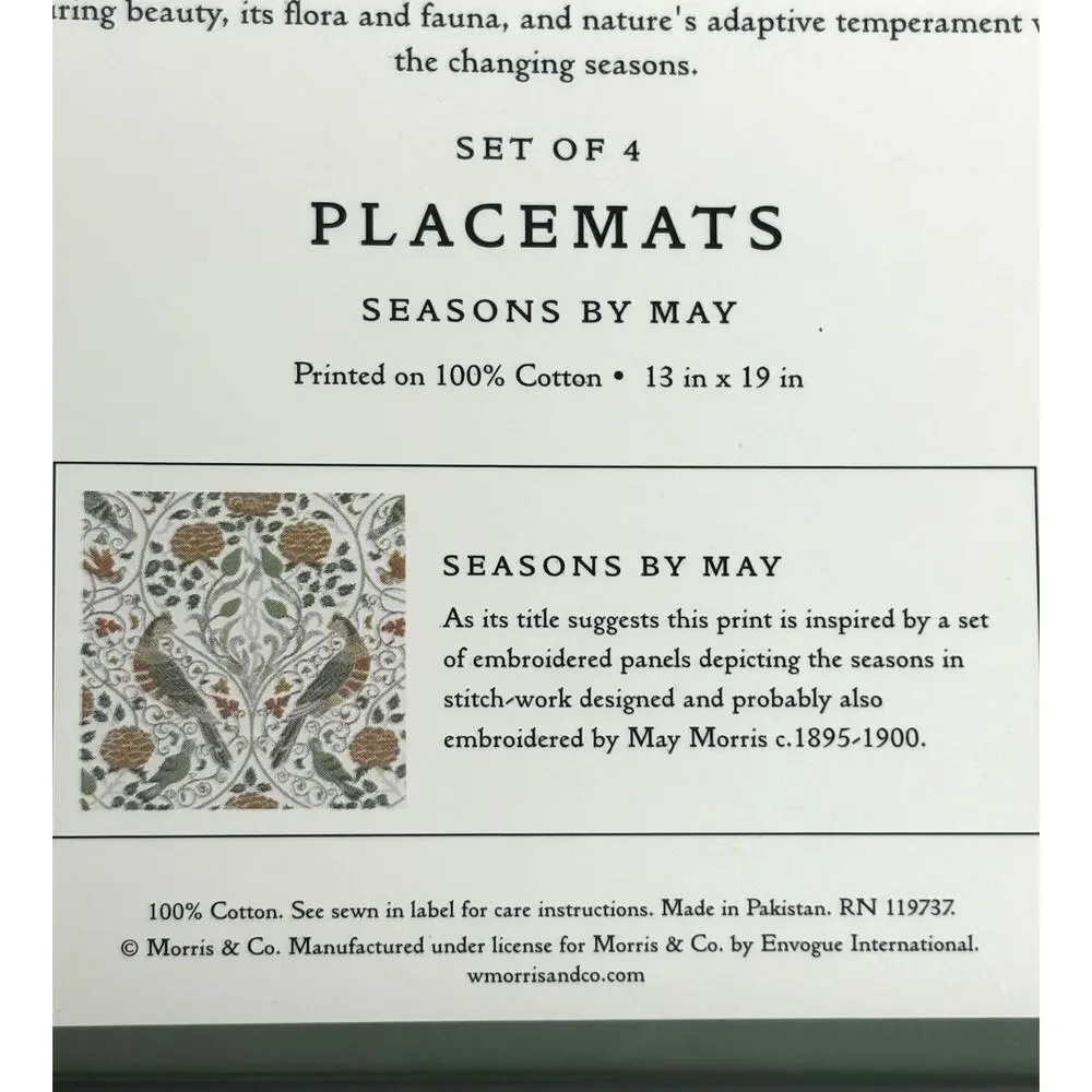 William Morris & Co Placemats Seasons by May 100% Cotton Fabric 13x19 Set 4 Fall